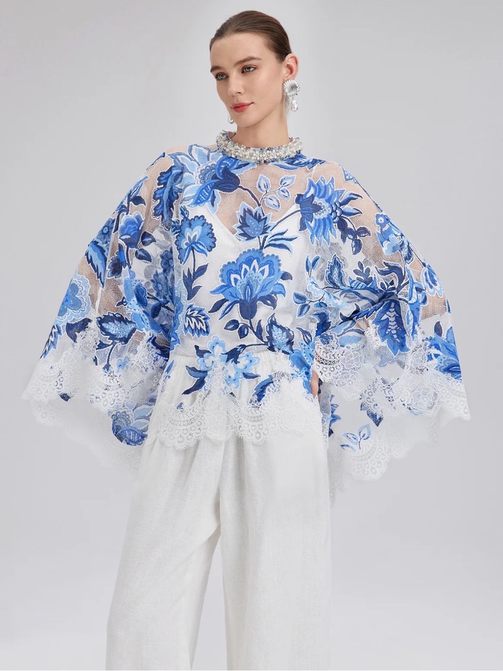 Blue and White Floral Sheer Lace Blouse